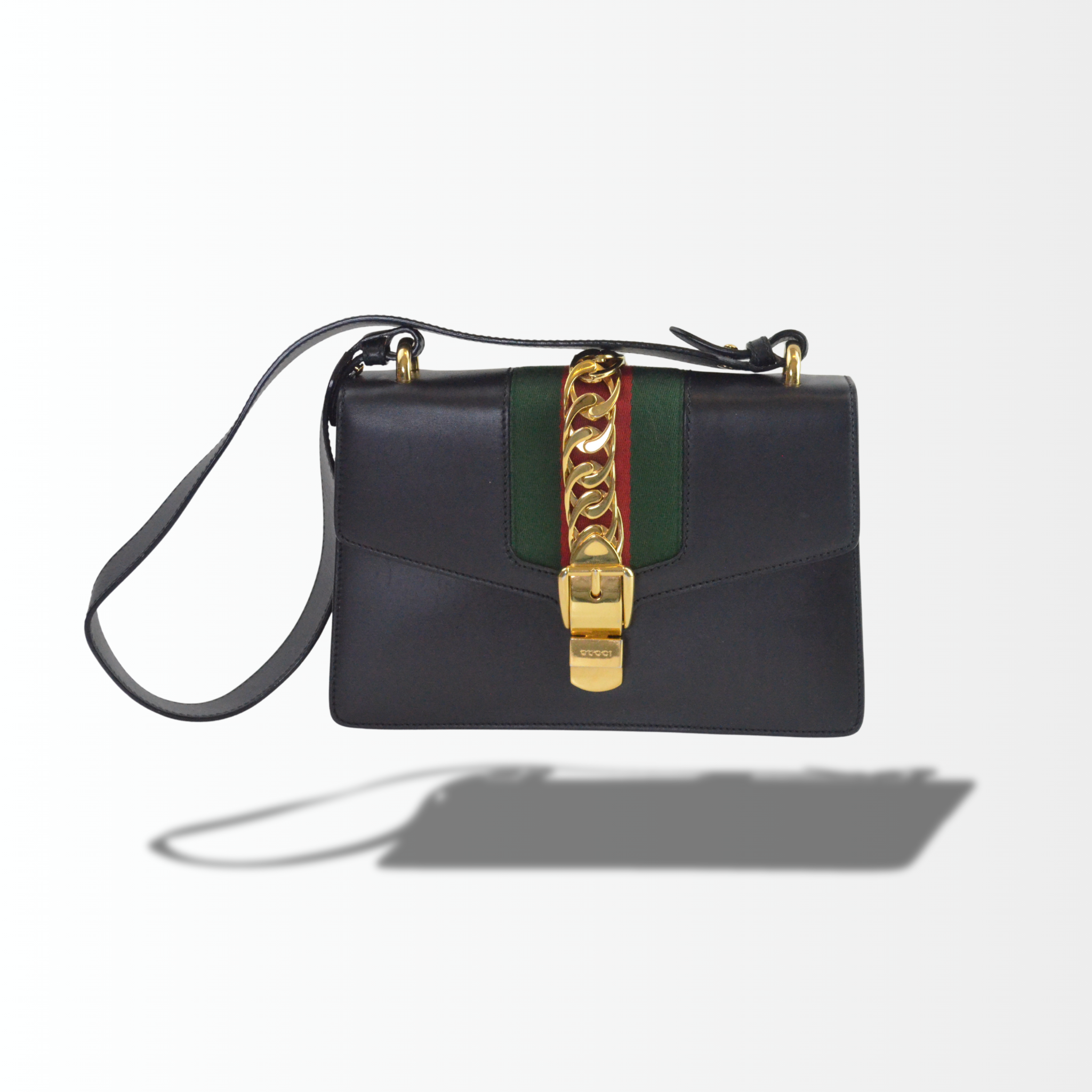 Gucci Sylvie Schultertasche Leder Schwarz mit Webstreifen
