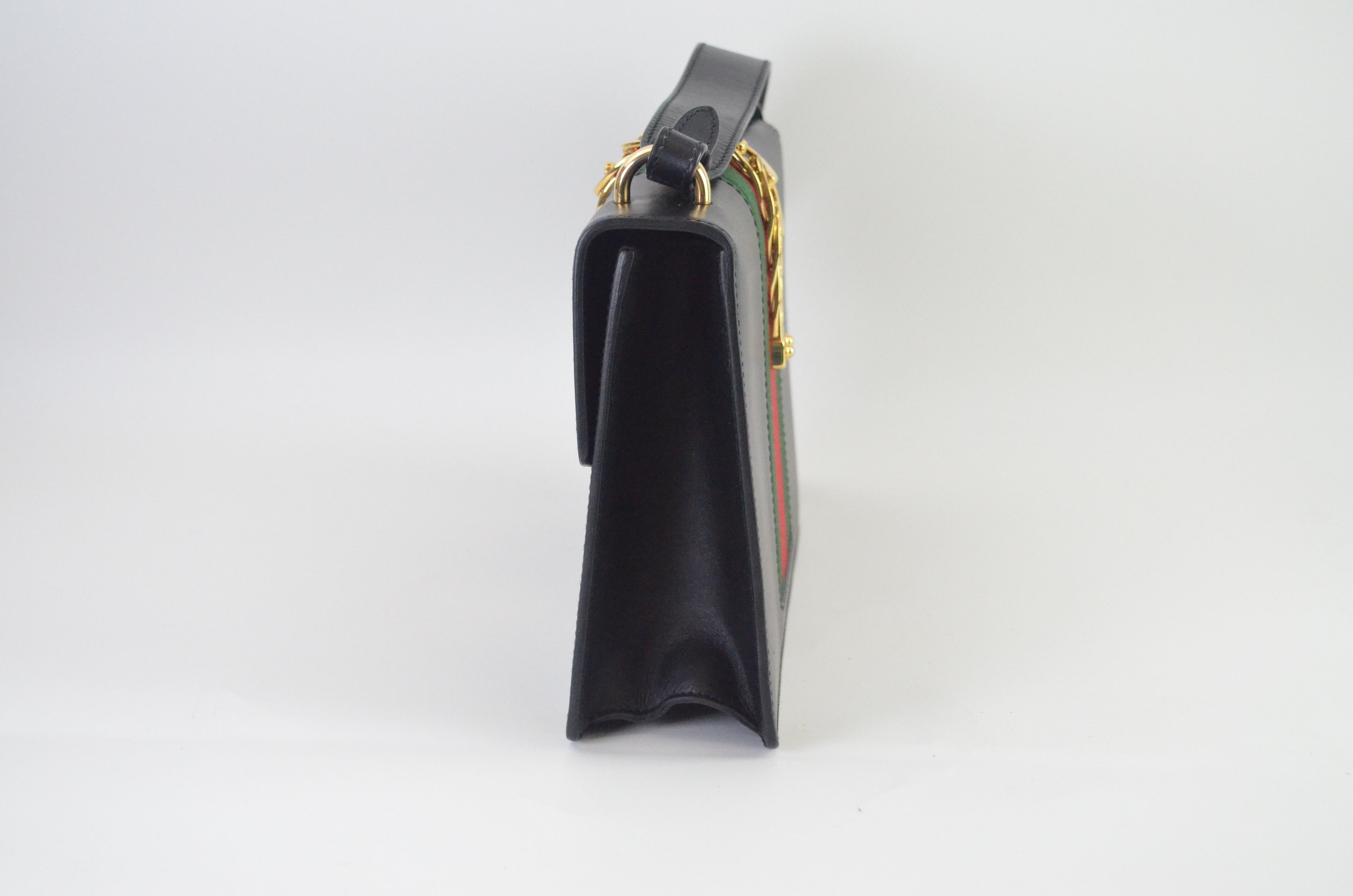 Gucci Sylvie Schultertasche Leder Schwarz mit Webstreifen