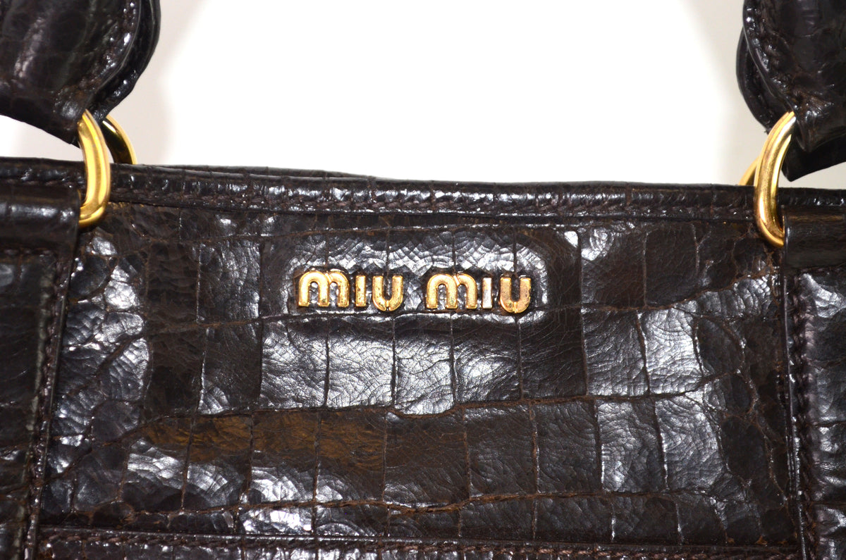 Miu Miu Tote Dunkelbraun Leder mit Krokodilprägung