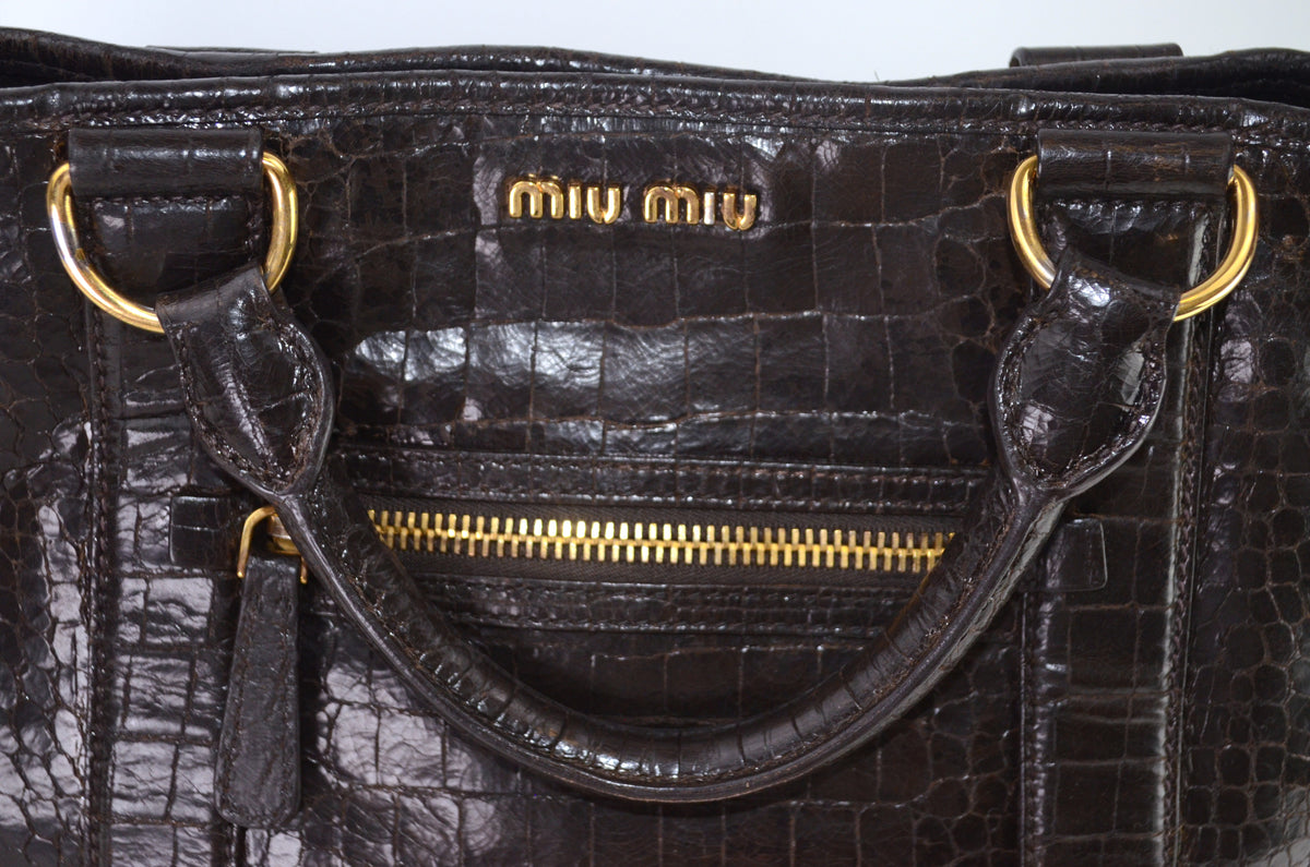 Miu Miu Tote Dunkelbraun Leder mit Krokodilprägung