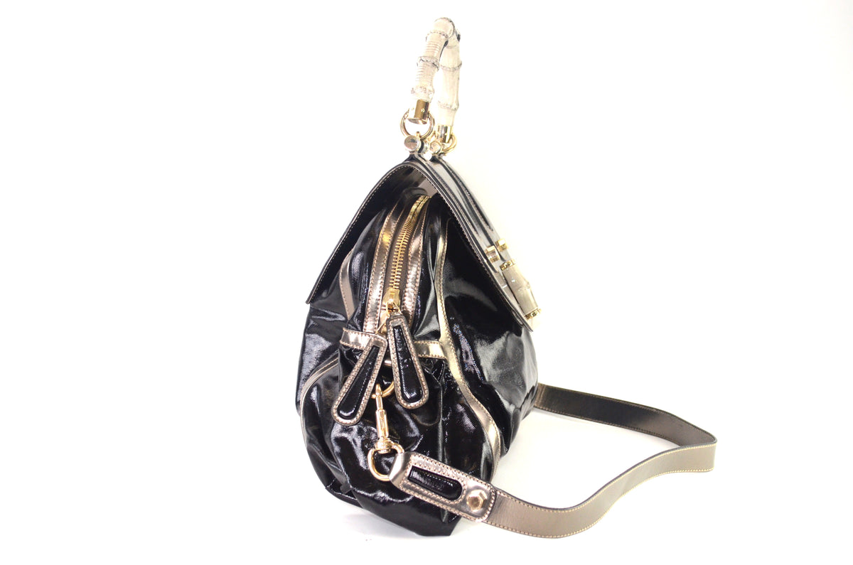 Gucci Bamboo Pop Lackleder Schwarz Metallic