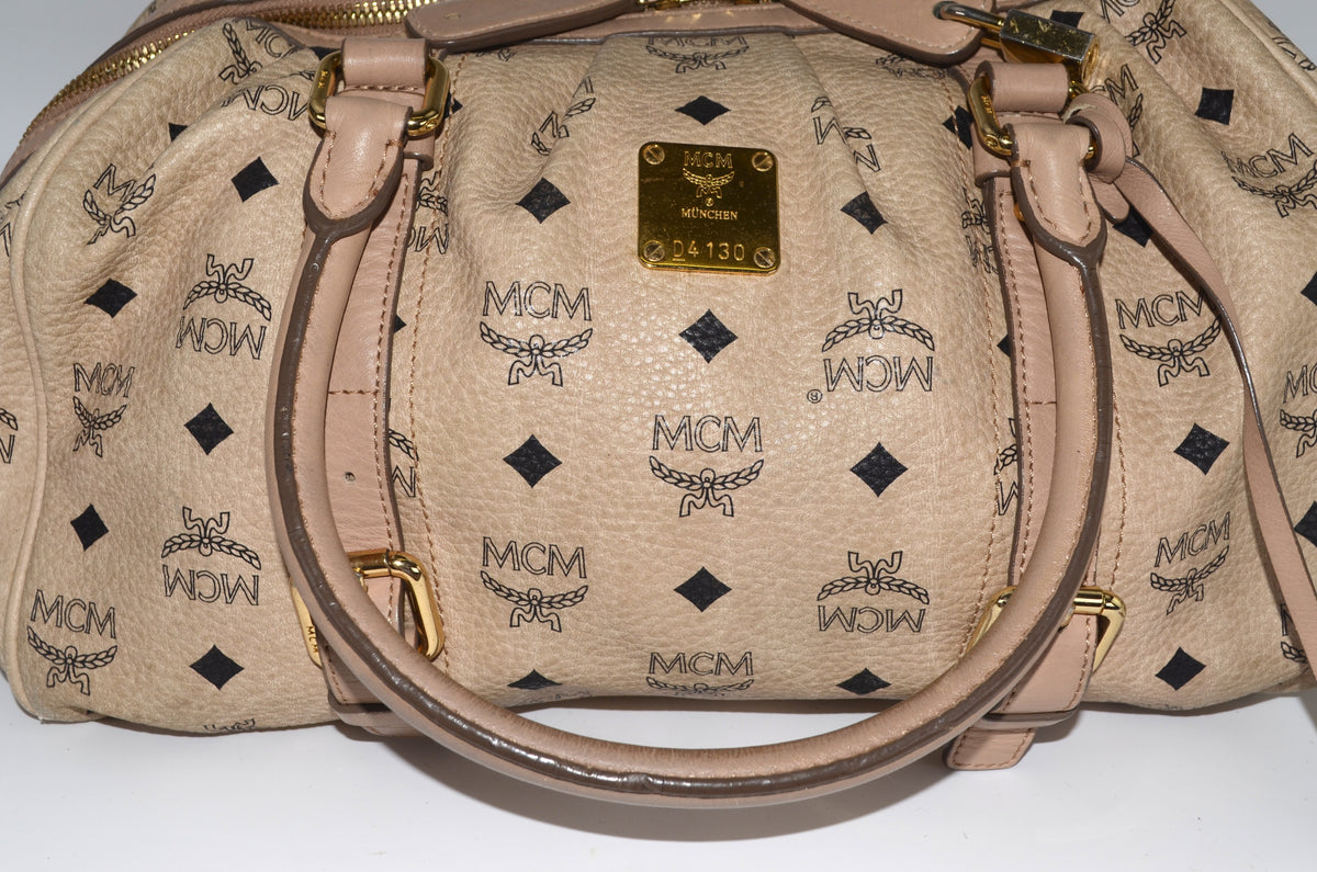 MCM Visetos Vintage Boston Satchel Beige