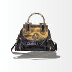 Gucci Bamboo Pop Handtasche aus schwarzem und metallischem Lackleder mit Bamboo-Henkel