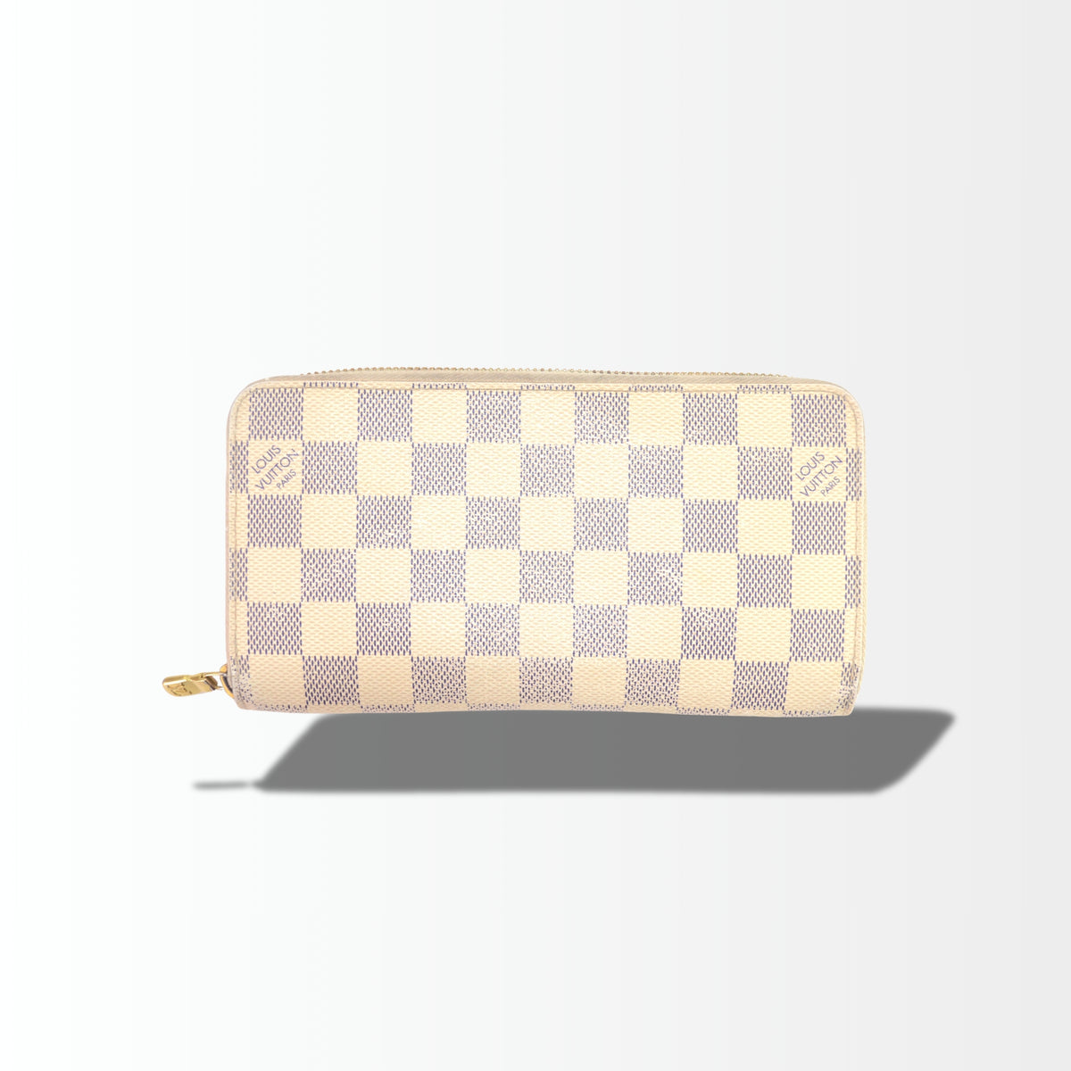 Louis Vuitton Zippy Wallet Damier Azur – Vorderansicht mit goldfarbenem Reißverschluss