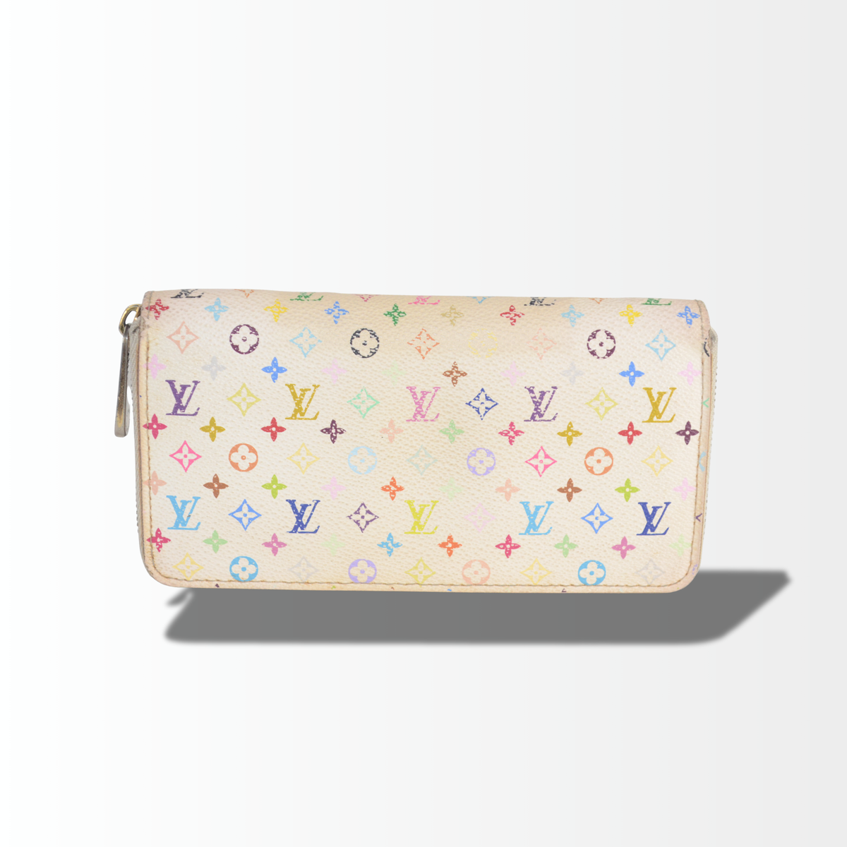 Louis Vuitton Zippy Wallet aus Monogram Multicolore Canvas in Blanc mit buntem Monogram-Muster in Vorderansicht.