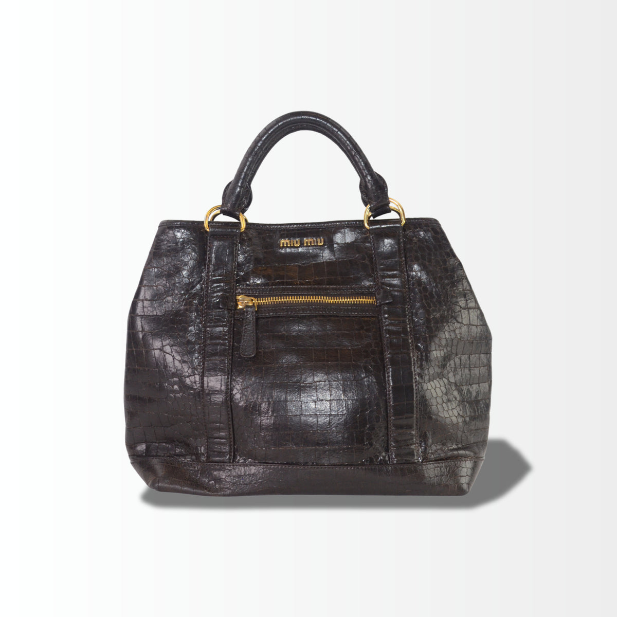 Miu Miu Tote aus dunkelbraunem Leder mit Krokodilprägung und goldfarbenen Details
