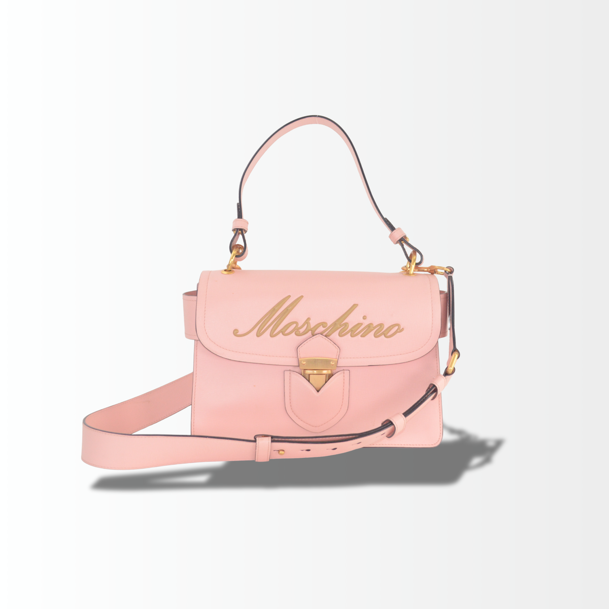 Moschino Signature Logo Schultertasche in Rosa seitliche Ansicht mit Trageriemen